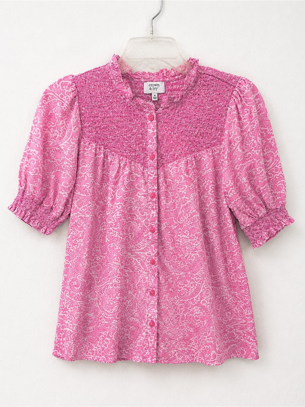 Crown & Ivy Women’s M Pink Paisley Smocked Button Front Cotton Blouse Top